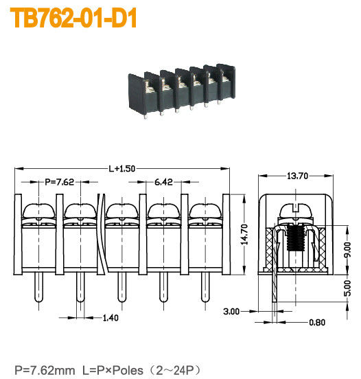 Center Spacing 8.25mm Barrier Terminal Block PBT UL94-V0 Brass for Power Connections
