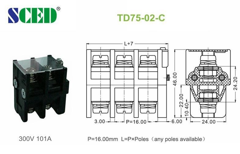 Copper Conduction Board Screw Terminal Block 300V 101A 16.00mm