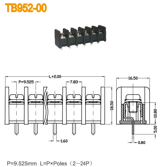 Spacing 9.52mm Barrier Terminal Block 300V 20A 2-24 Poles Right Angle Wire Inlet