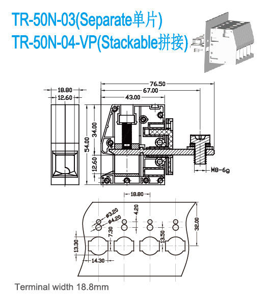 150A Feed Through Terminal Blocks 600V 6-1/0 AWG M6 Screw 18.8mm Terminal Width