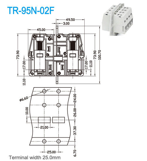 UL CE PA66 Wiring Terminal Block 600V/230A 25mm Terminal Width