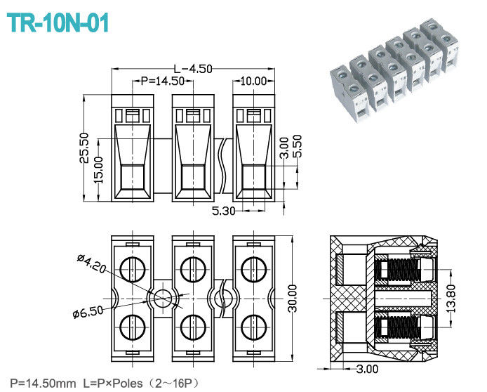 Pitch 14.5mm Terminal Connector Block 2-16 Poles 600V 65A PA66