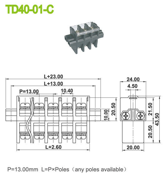 40A Panel Mount power terminal block connector Perforation Pitch 13mm M5 Screw  Brass PBT