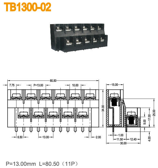 600V/40A 11 Poles 13mm Pitch Brass Barrier Terminal Block with Right Angle Wire Inlet
