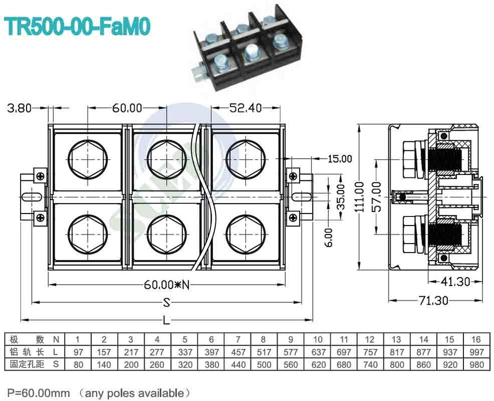 60.00mm 600V PC UL94 M16 Terminal Blocks For Industrial Control