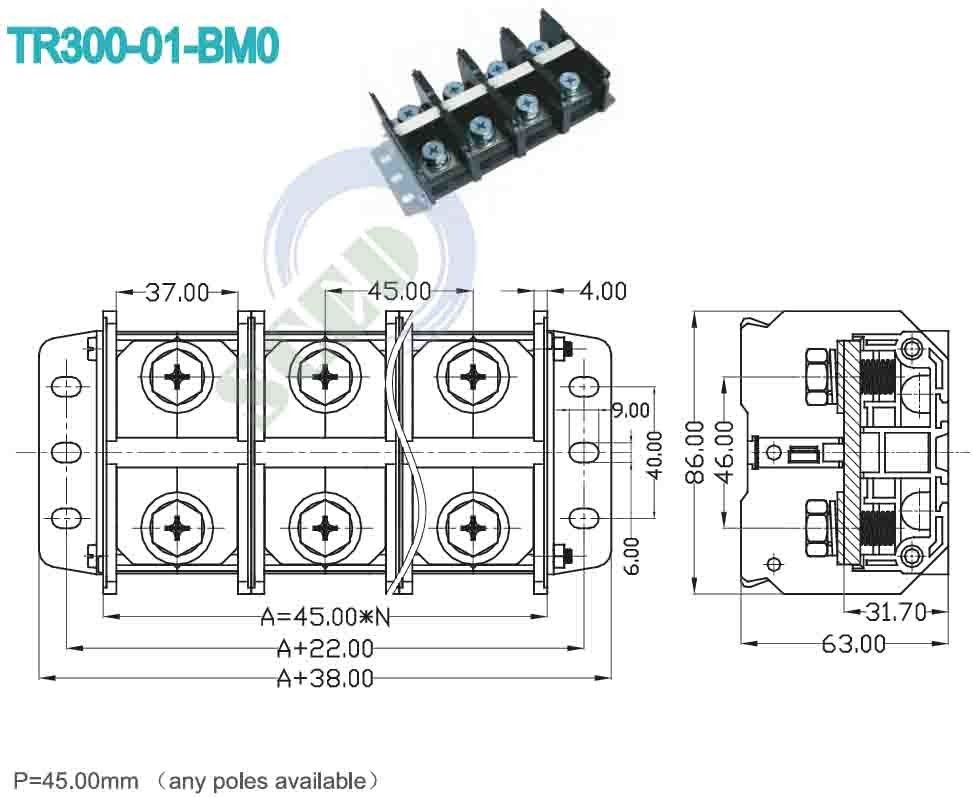 600V 300A High Current Terminal Block Heavy Voltage 45.00mm Electric Terminal Connector