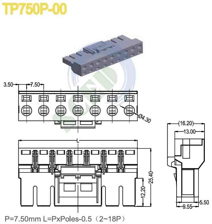 PA66 Plastic Grey Pluggable Terminal Block Connector 7.5mm Pitch 300V 16A 2-18 Poles