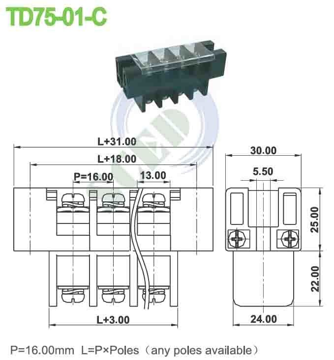 600V PBT 16.00mm Black Cable Panel Mount Feed Through Terminal Block Connector Single Deck