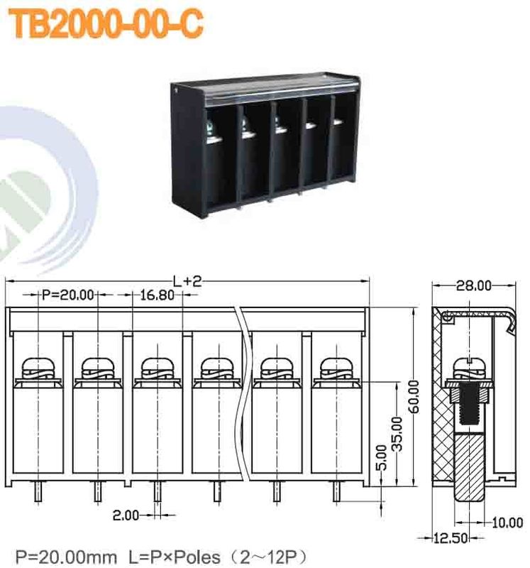 Barrier Terminal Block Pitch 20.00mm 600V 75A 2-12P Power M6 Terminal Block