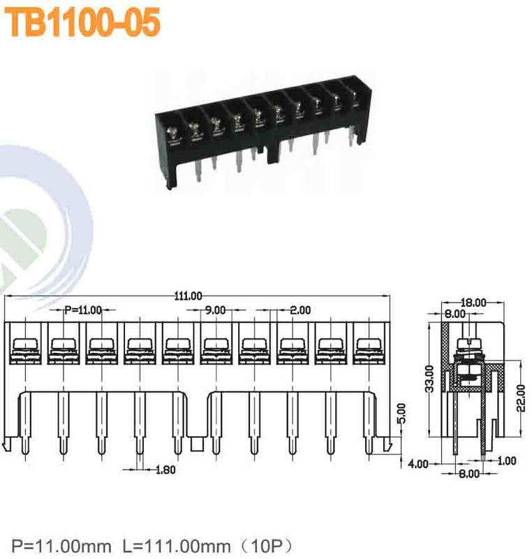 Single Level Barrier Terminal Block 11.00mm 300V 20A 10P M4 Steel Screw Power Terminal Block for High Voltage Applications