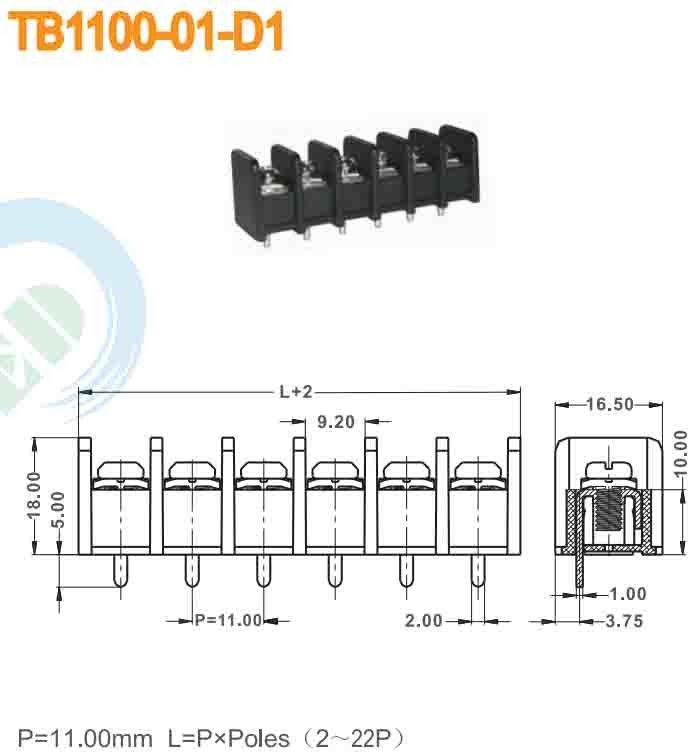 Pitch 11.00mm 300V 30A 2-22P Barrier Terminal Block PBT Brass Power Terminal Block