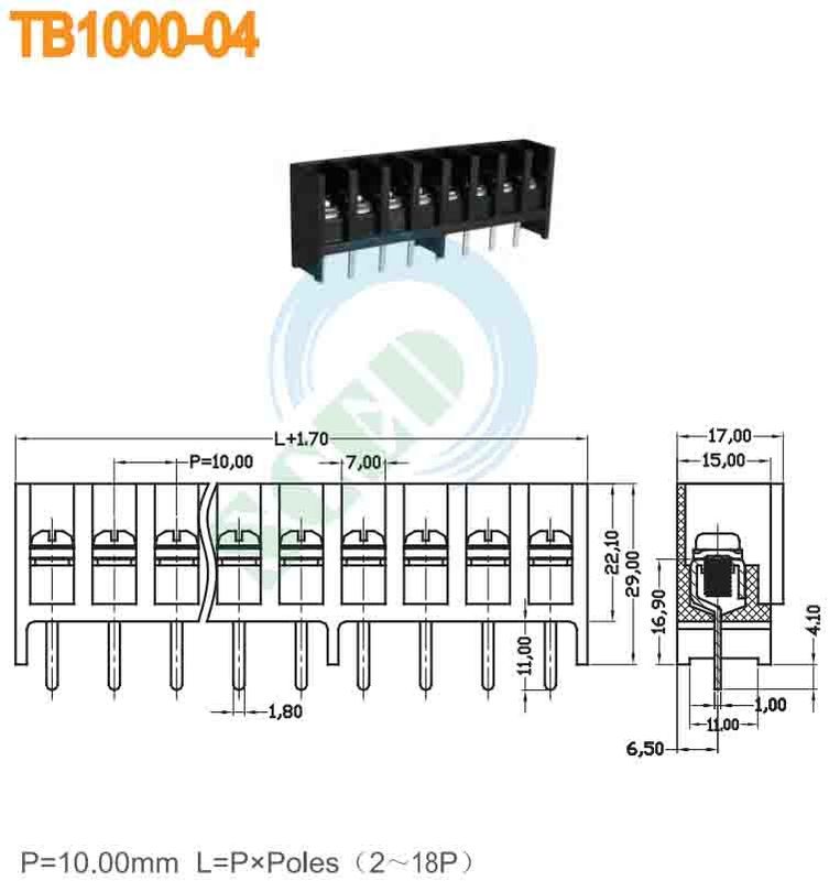 Black Barrier Terminal Block with 10.00mm Pitch 300V 20A Right Angle Wire Inlet for PCB and Power Supply