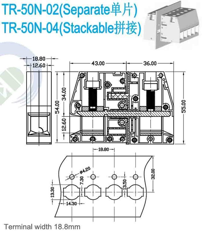 600V Voltage Feed-through Terminal Block 12.2mm Width for Industrial Applications